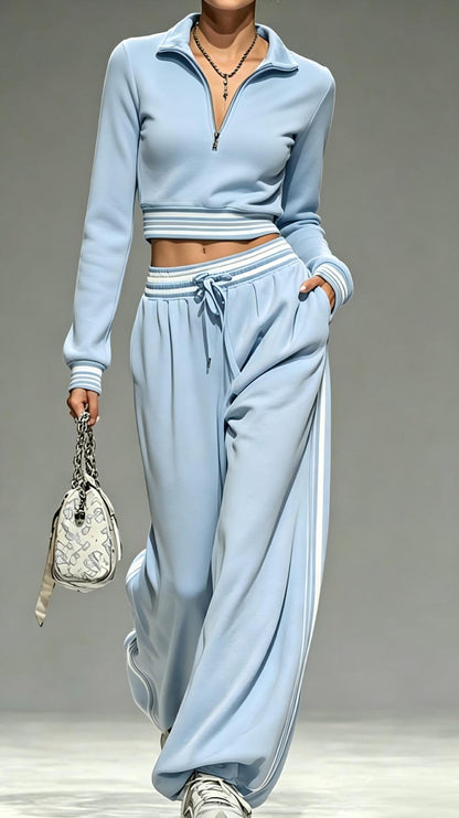 Womens 2 Piece Half Zip Crop Top Wide Leg Sweatpants Set