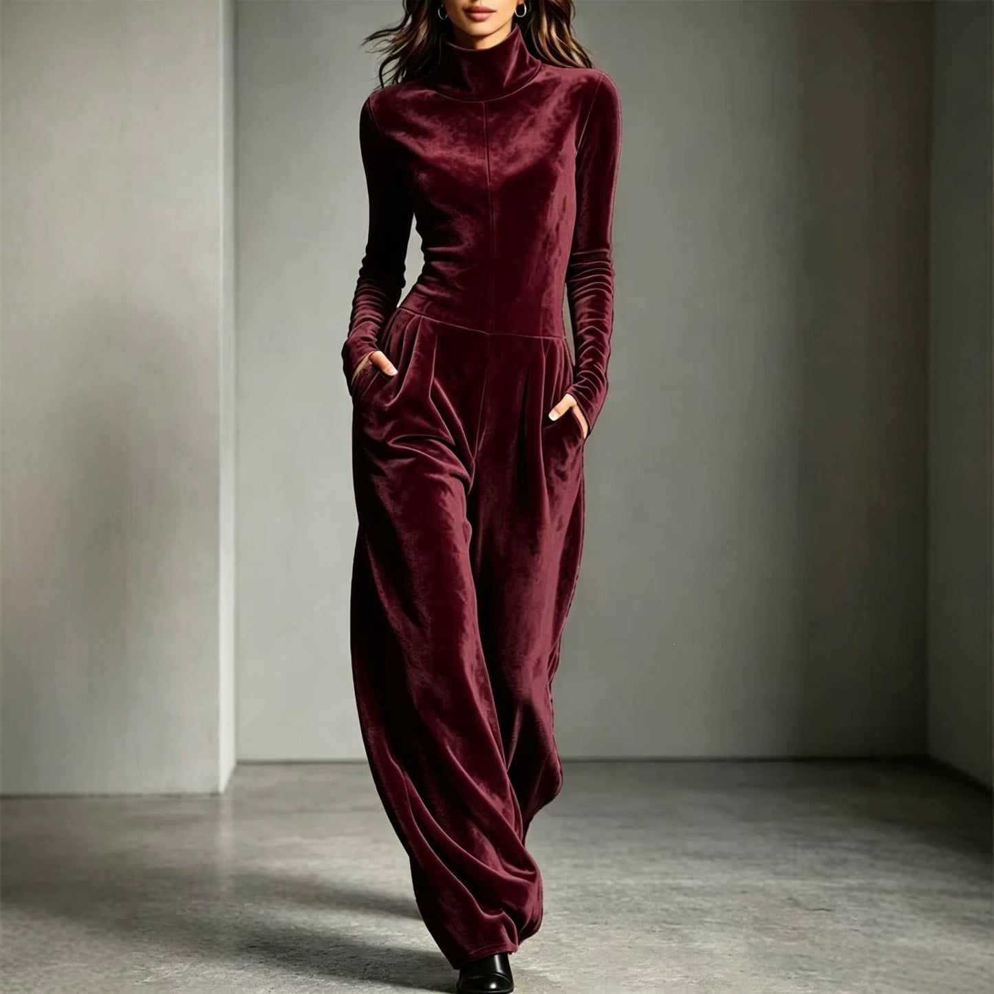 Women's Velvet Turtleneck Jumpsuit Long Sleeve Wide Leg