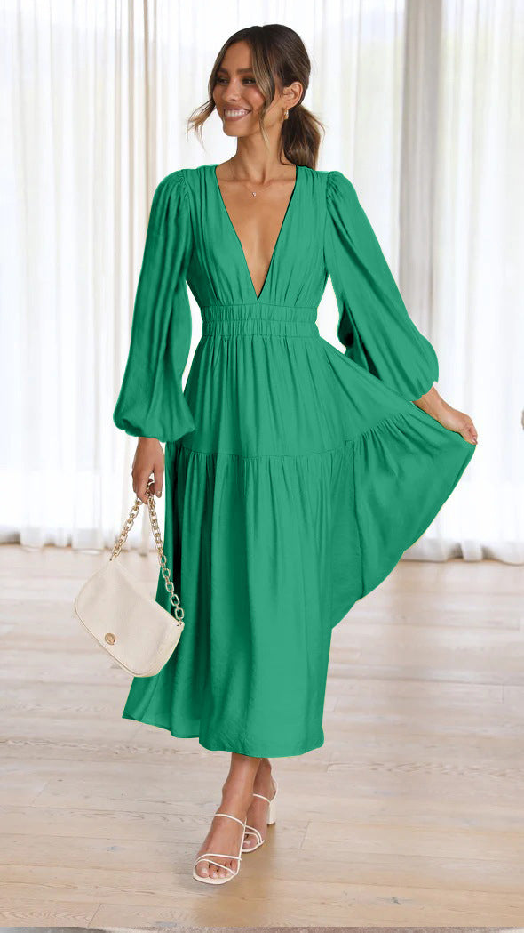 Women's V Neck Long Sleeve Smocked Waist Flowy Maxi Dress