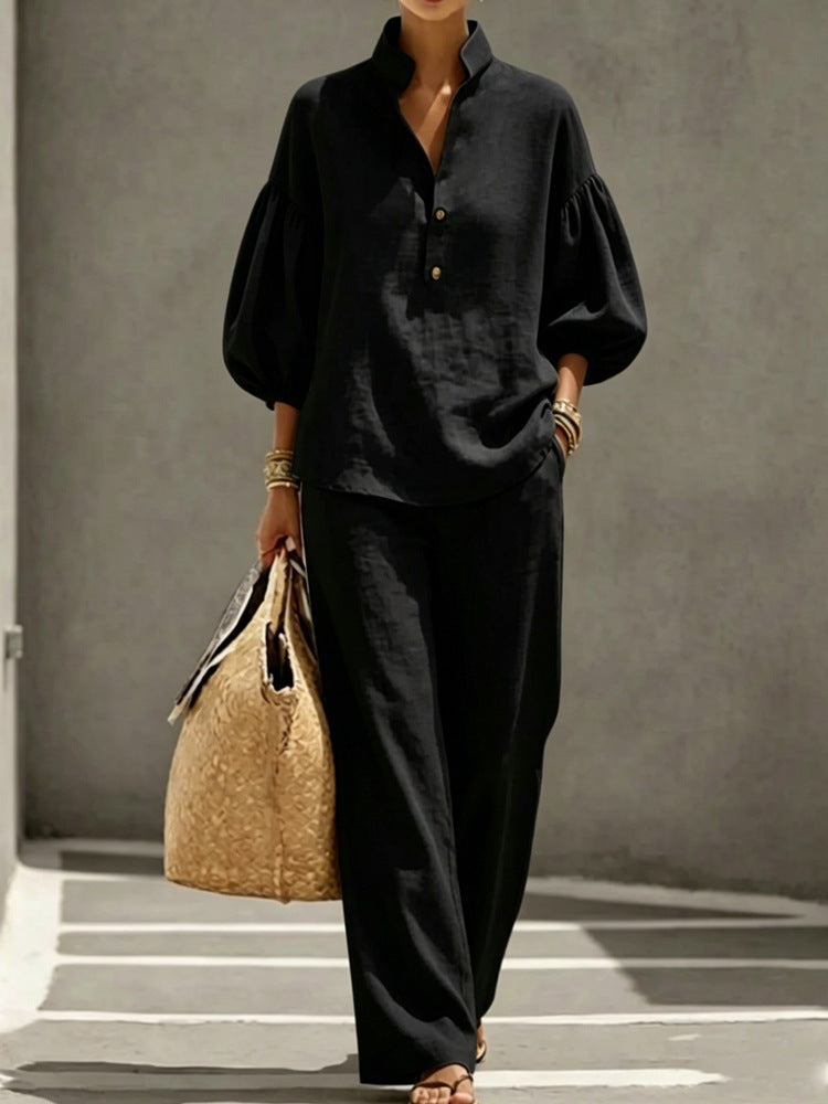 Cotton Puff Sleeve Mandarin Shirt Wide Leg Pants Set