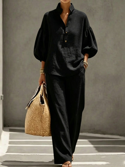 Cotton Puff Sleeve Mandarin Shirt Wide Leg Pants Set