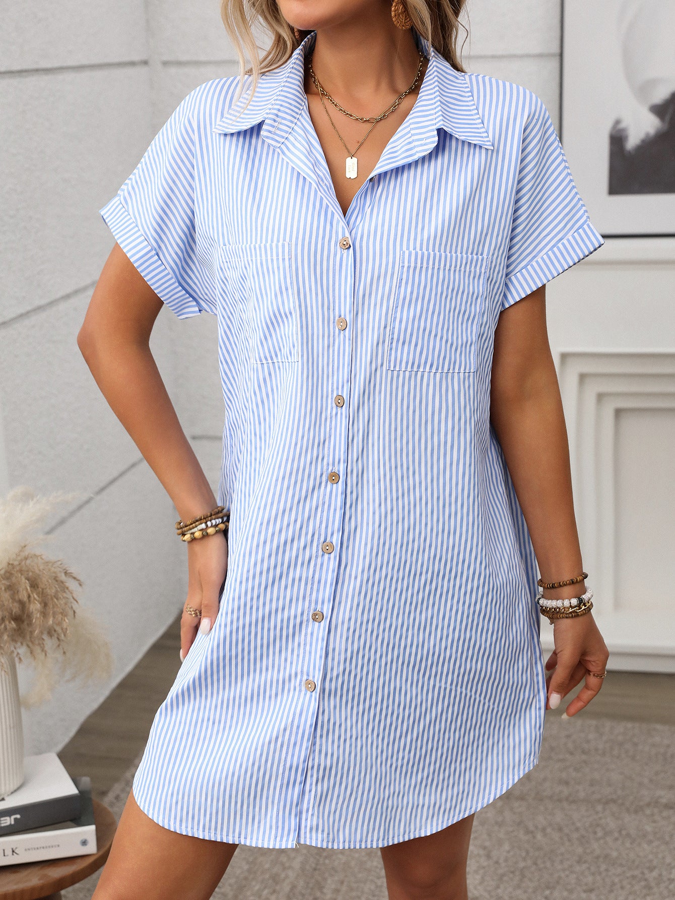 Striped Short Sleeve Shirt Dress Casual Summer Style