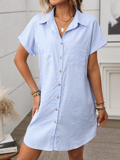 Striped Short Sleeve Shirt Dress Casual Summer Style