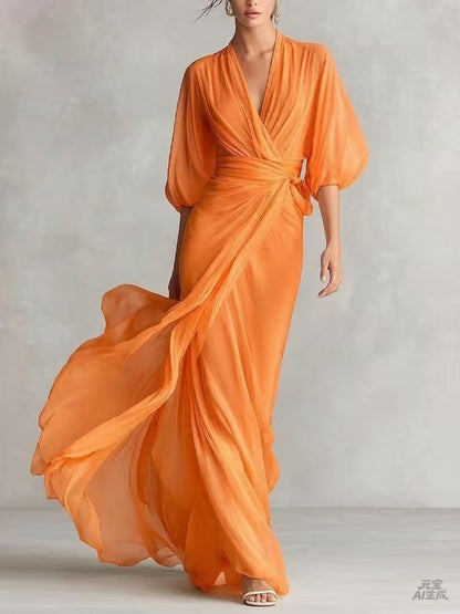 Elegant Deep V-Neck Lantern Sleeve Wrap Maxi Dress