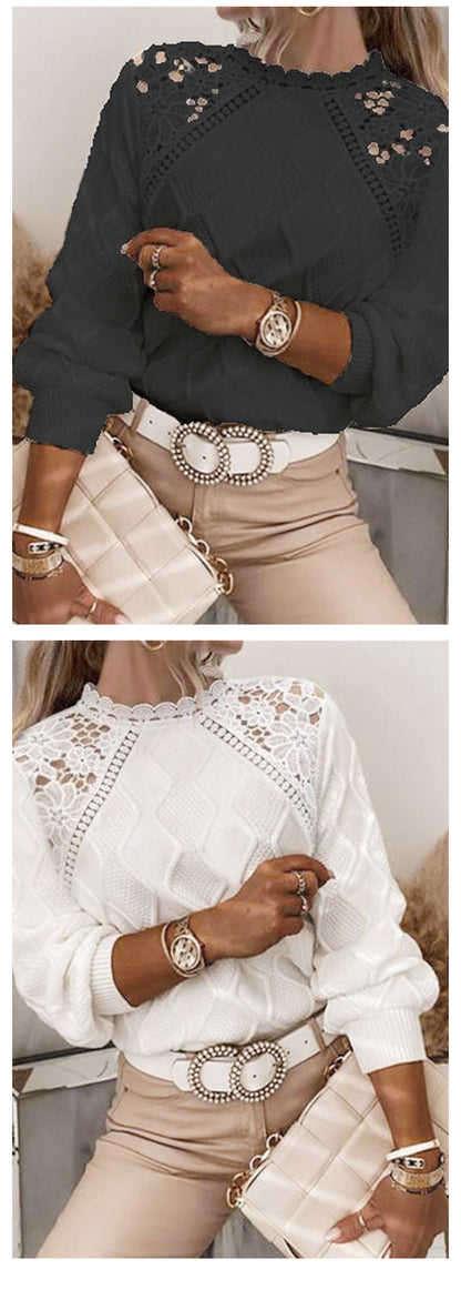 Women's Crochet Lace Long Sleeve Knit Pullover Sweater