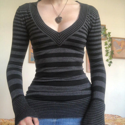 Women's Y2K Striped V-Neck Fitted Gothic Knit Sweater