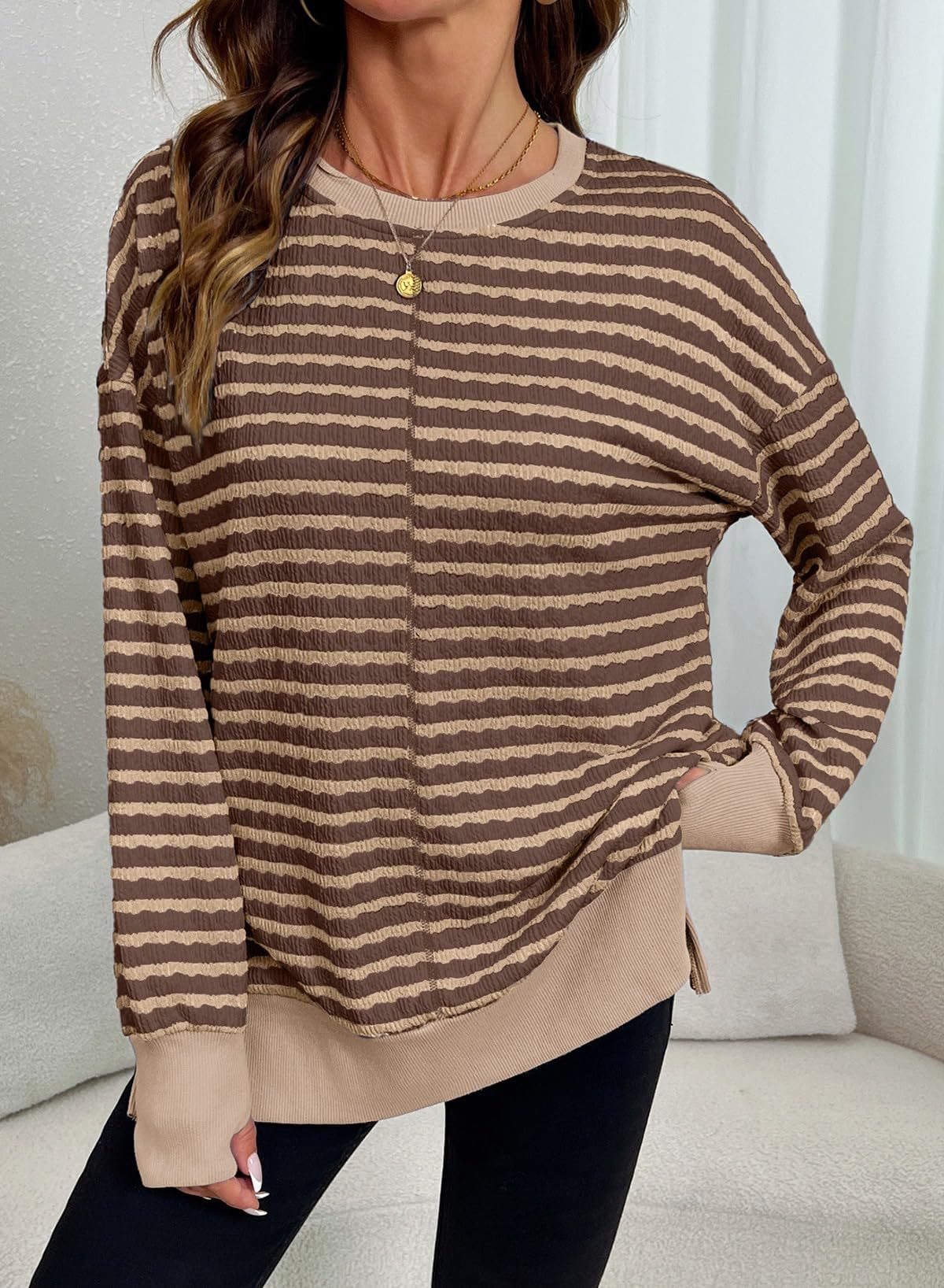 Women's Oversized Striped Crewneck Sweatshirt Side Slit