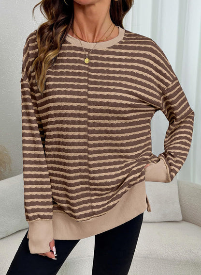 Women's Oversized Striped Crewneck Sweatshirt Side Slit
