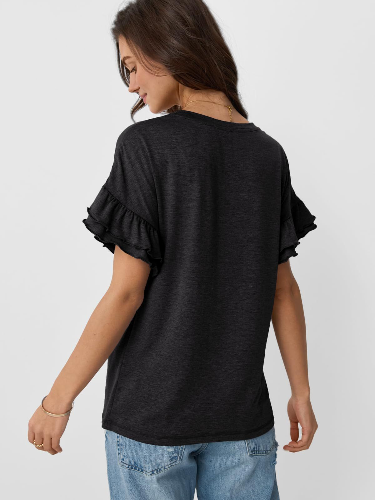 Women’s Ruffle Sleeve Crew Neck Tee Casual Summer Top