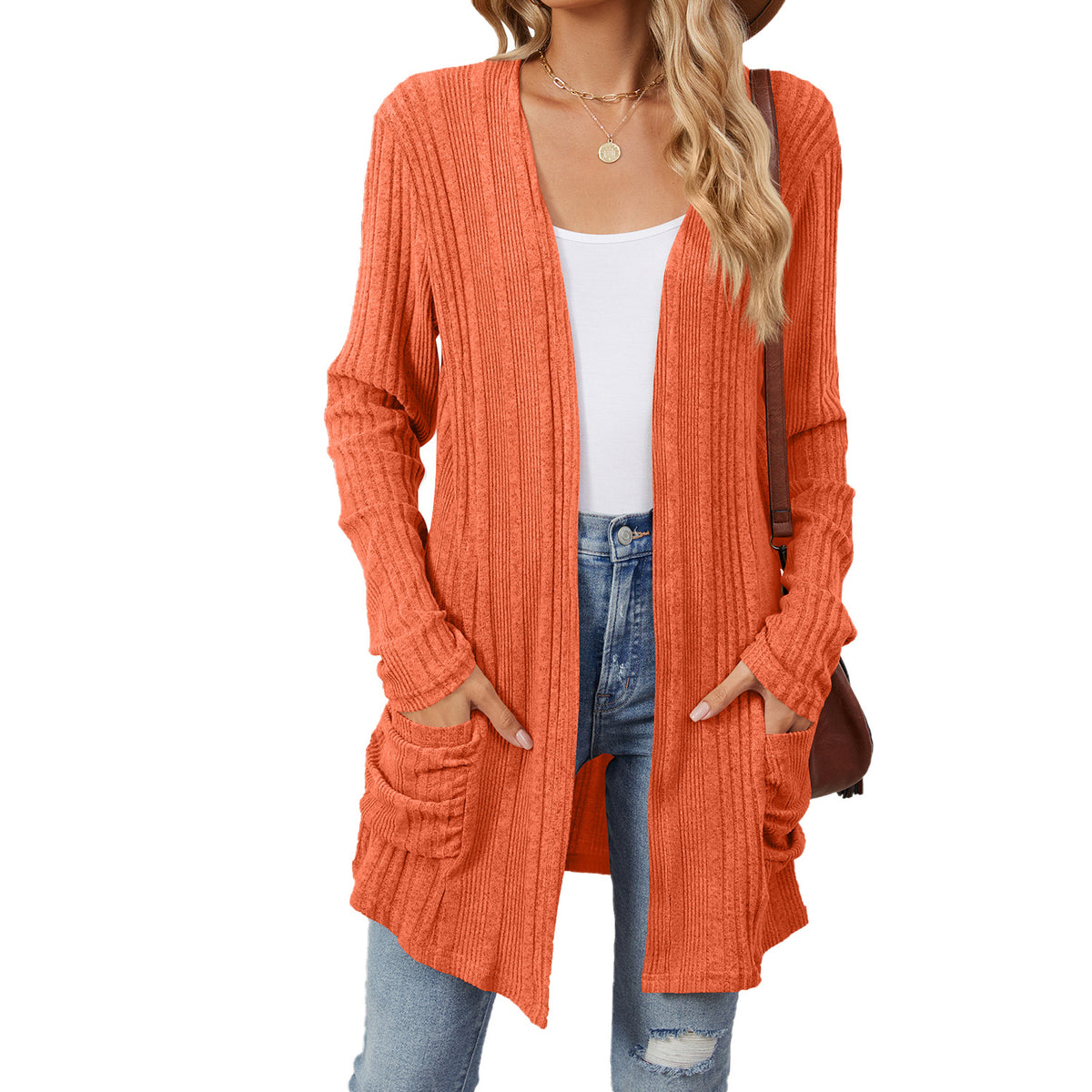 Women's Long Sleeve Ribbed Open Front Cardigan Pockets