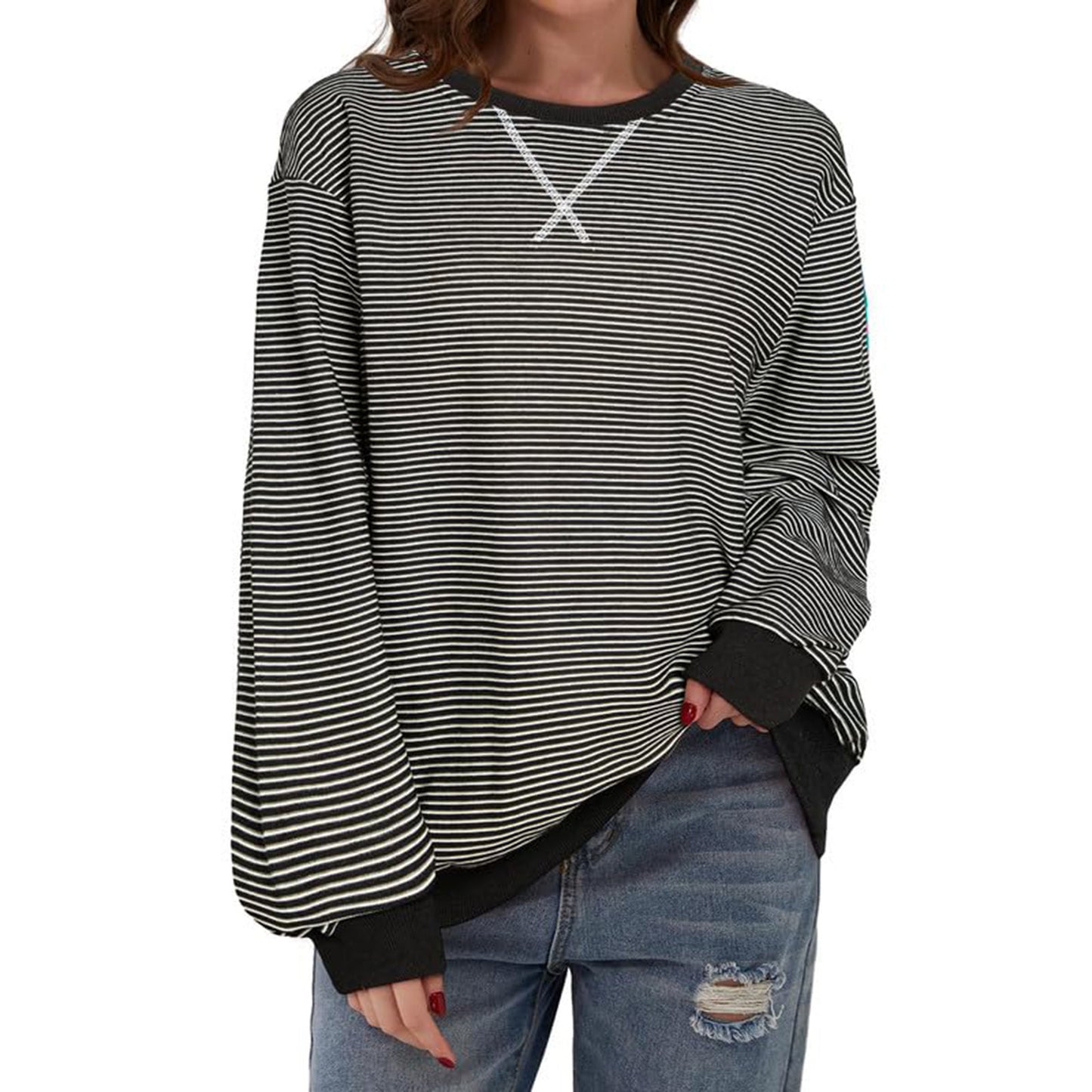 Women's Striped Oversized Color Block Long Sleeve Top