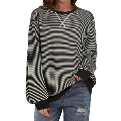 Women's Striped Oversized Color Block Long Sleeve Top