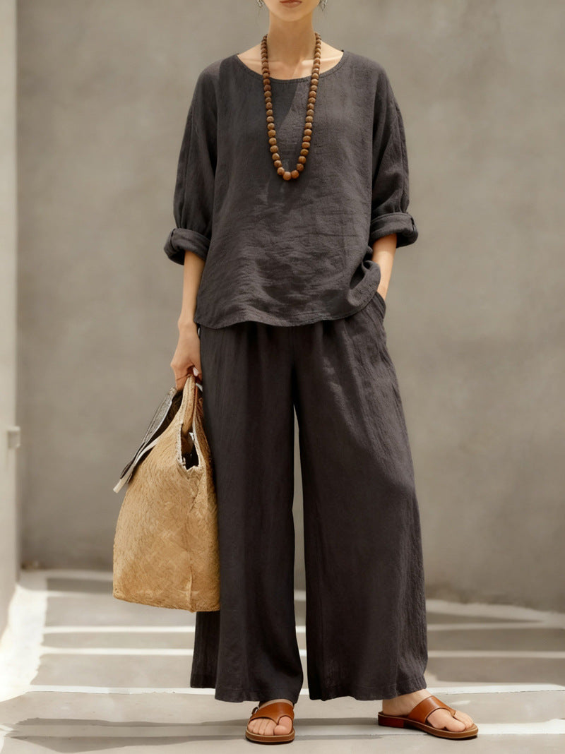 Women's Linen Cotton Matching Set Wide Leg Pants Two Piece