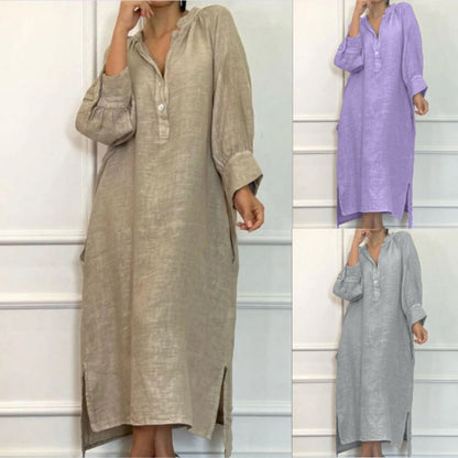 Linen Blend Long Sleeve Button Down Maxi Dress Pockets