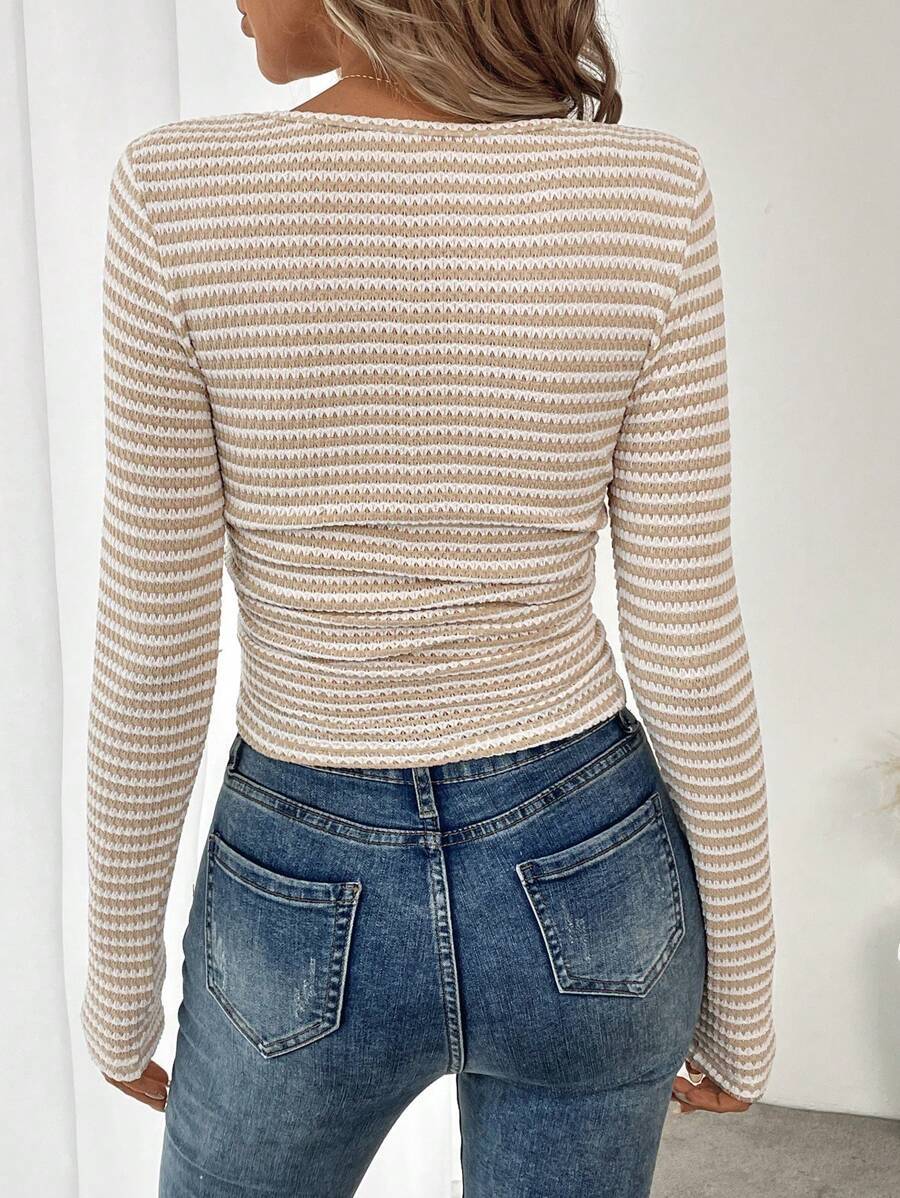 Square Neck Striped Ribbed Knit Long Sleeve Fitted Top