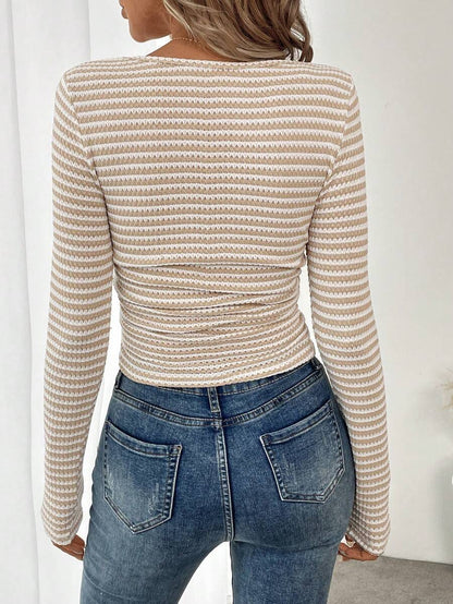 Square Neck Striped Ribbed Knit Long Sleeve Fitted Top