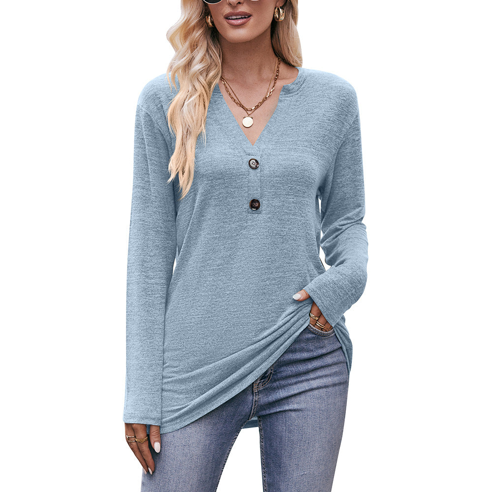 Polished Long Sleeve T-Shirt with V-Neck and Button Details