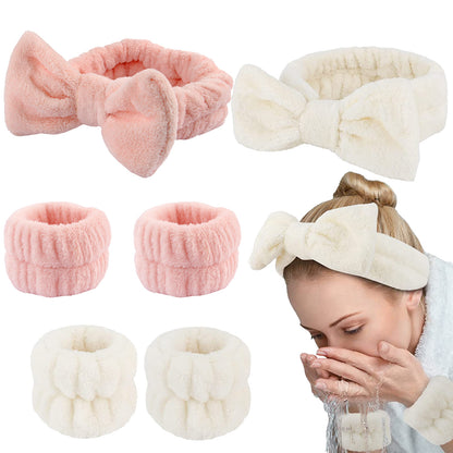 Soft Bow Headband and Wristband Set for Women Spa Use