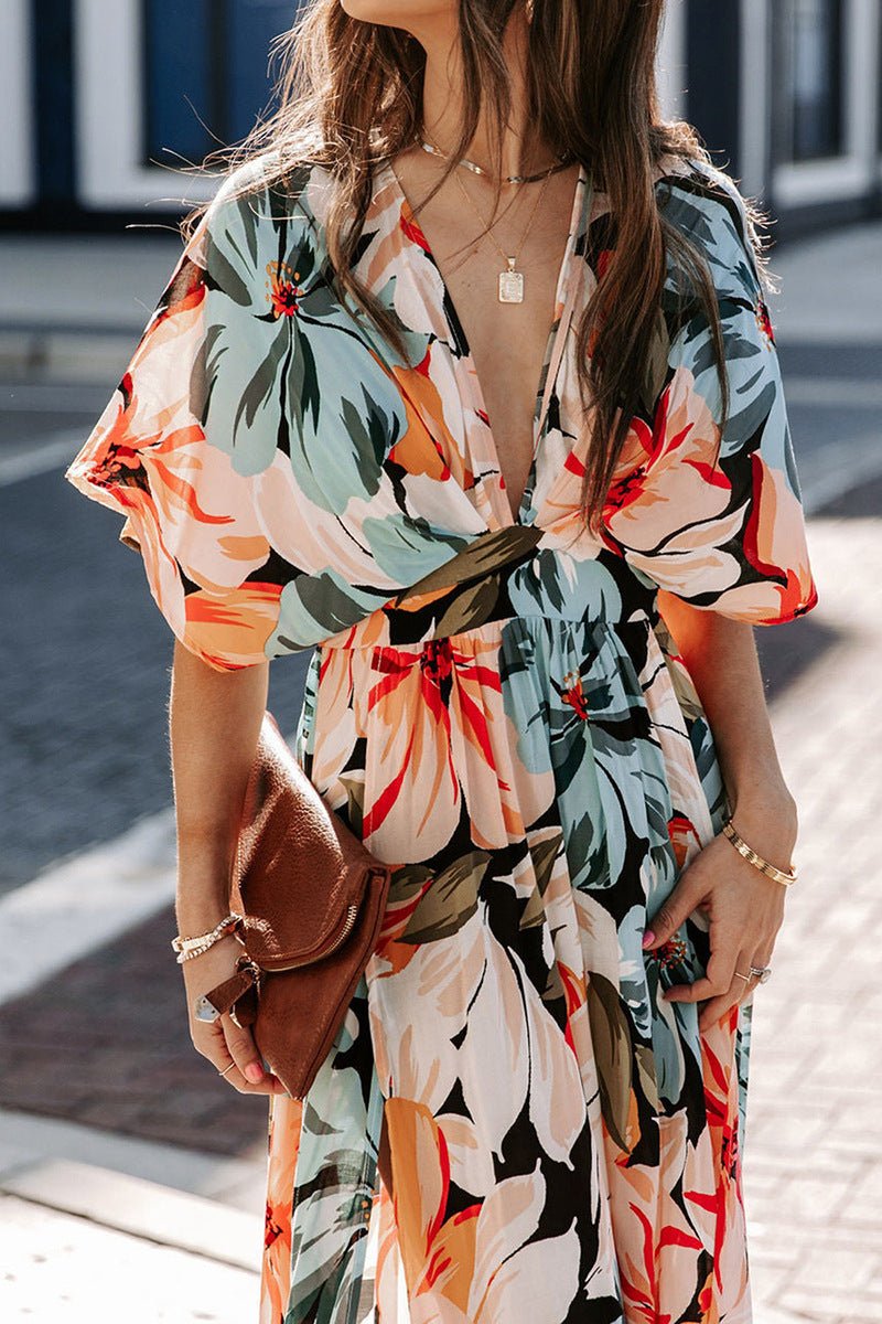 Floral V Neck High Waist Split Midi Dress Boho