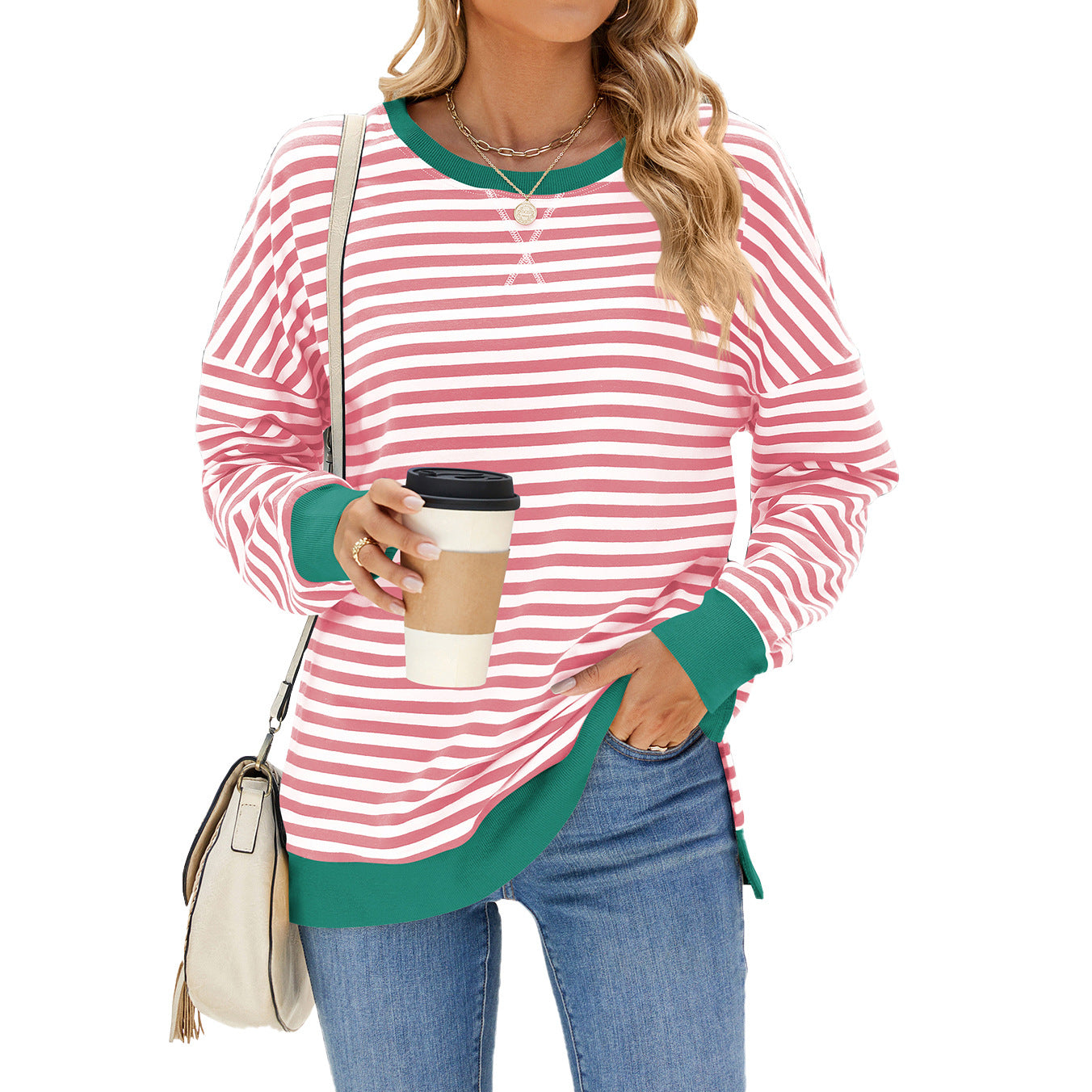 Oversized Striped Sweatshirt Contrast Trim Side Slit Top