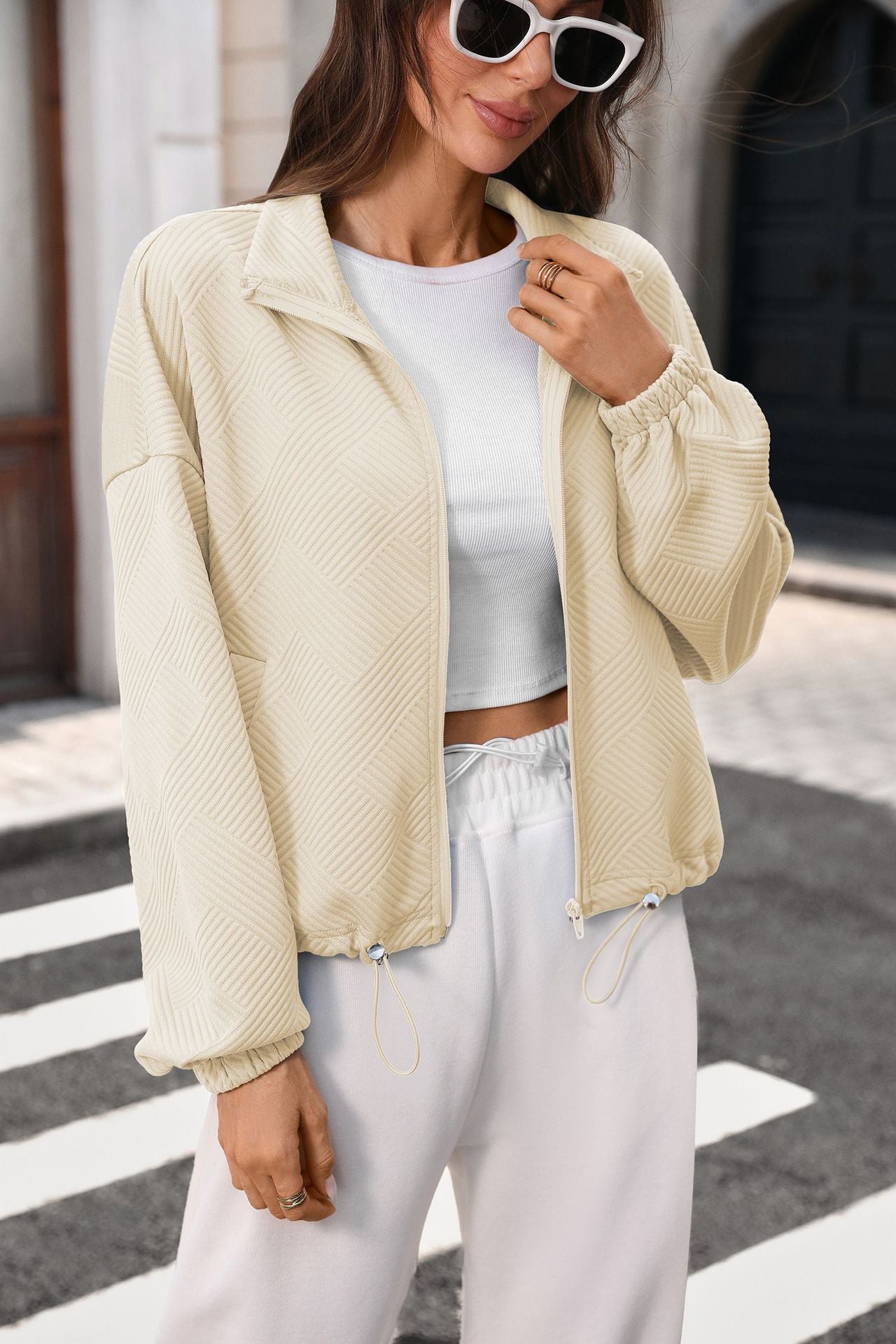 Quilted Zip Sweatshirt Drawstring Cropped Jacket