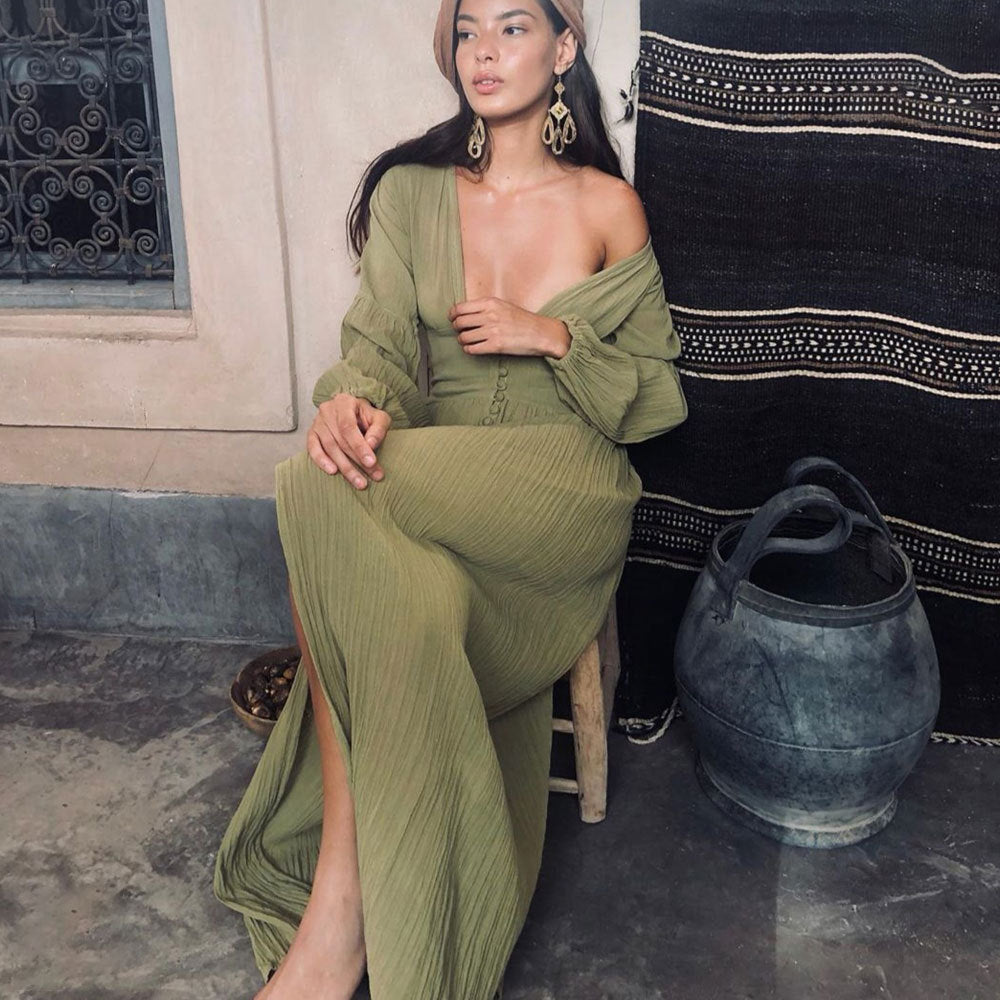 V-Neck Lantern Sleeve Maxi Dress Smocked Waist Slit