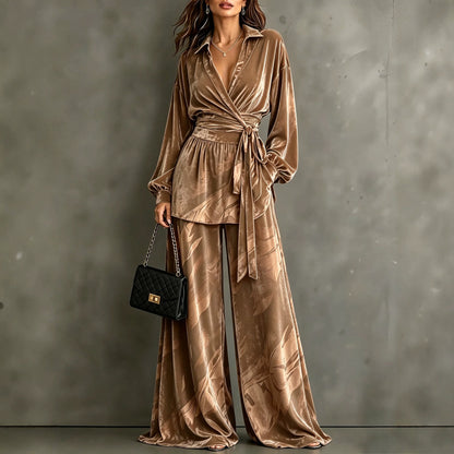Women's Velvet Wrap Top Wide Leg Pants Two Piece Set
