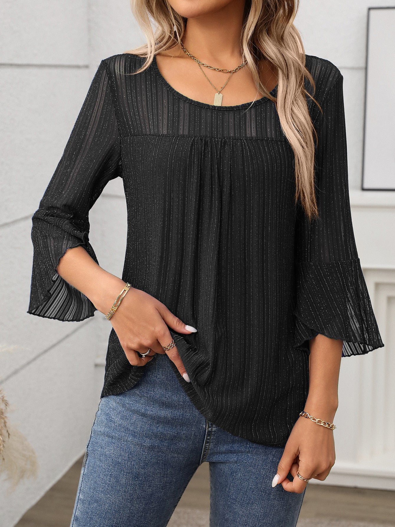 Elegant Round Neck Lotus Leaf Sleeve Mesh Top