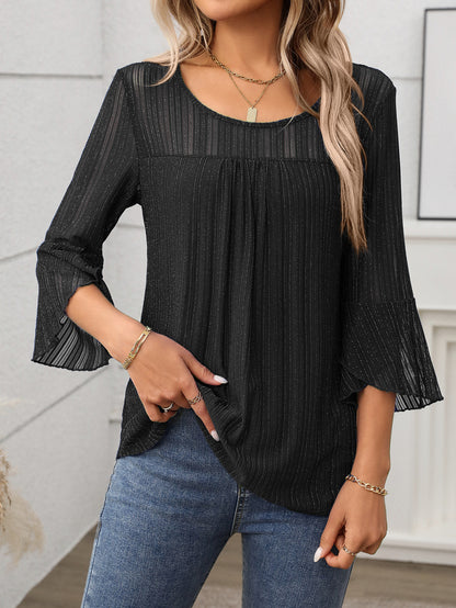 Elegant Round Neck Lotus Leaf Sleeve Mesh Top