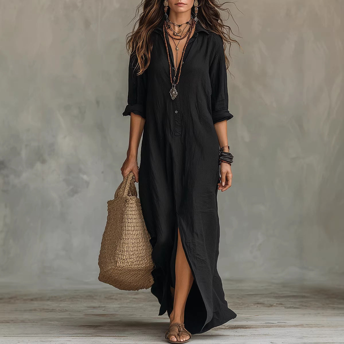 Women's Casual Collared Maxi Shirt Dress Front Slit
