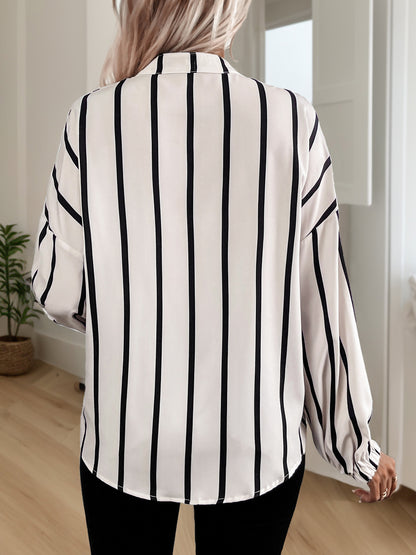 Stand-up Collar Long-sleeved Cardigan Top Striped Print Shirt