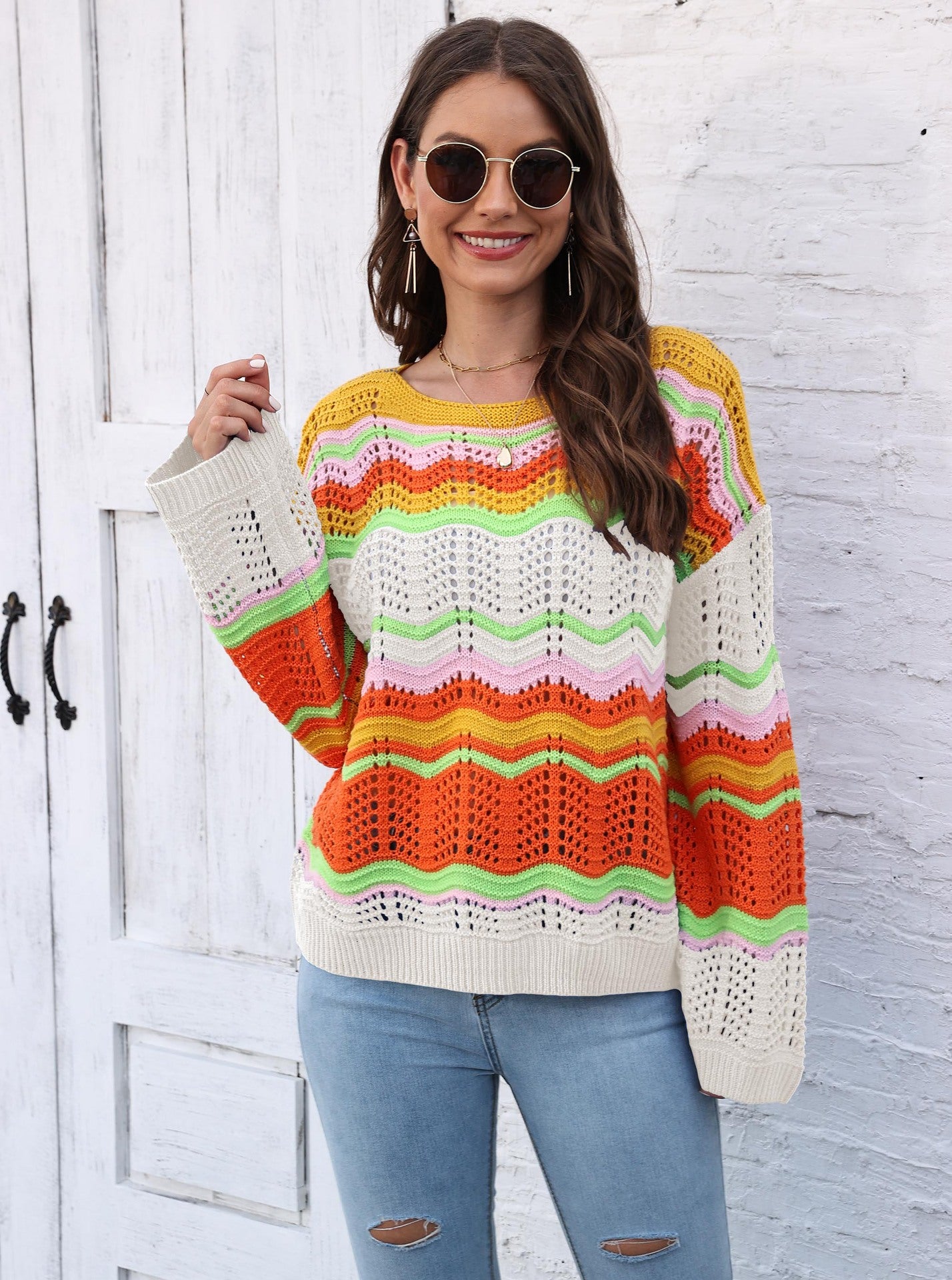 Women's Rainbow Pattern Intercolor Splicing Striped Long Sleeve Sweater