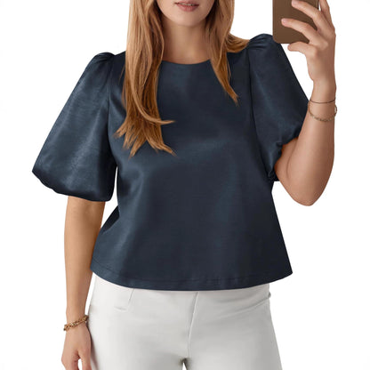 Satin Puff Sleeve Blouse Elegant Dressy Casual Top