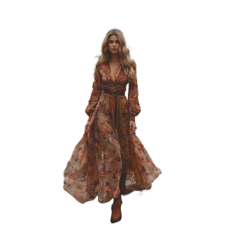 Boho Floral Long Sleeve V Neck Maxi Dress