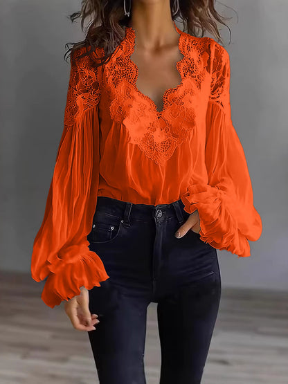 Women's Lace V-Neck Puff Sleeve Pleated Blouse