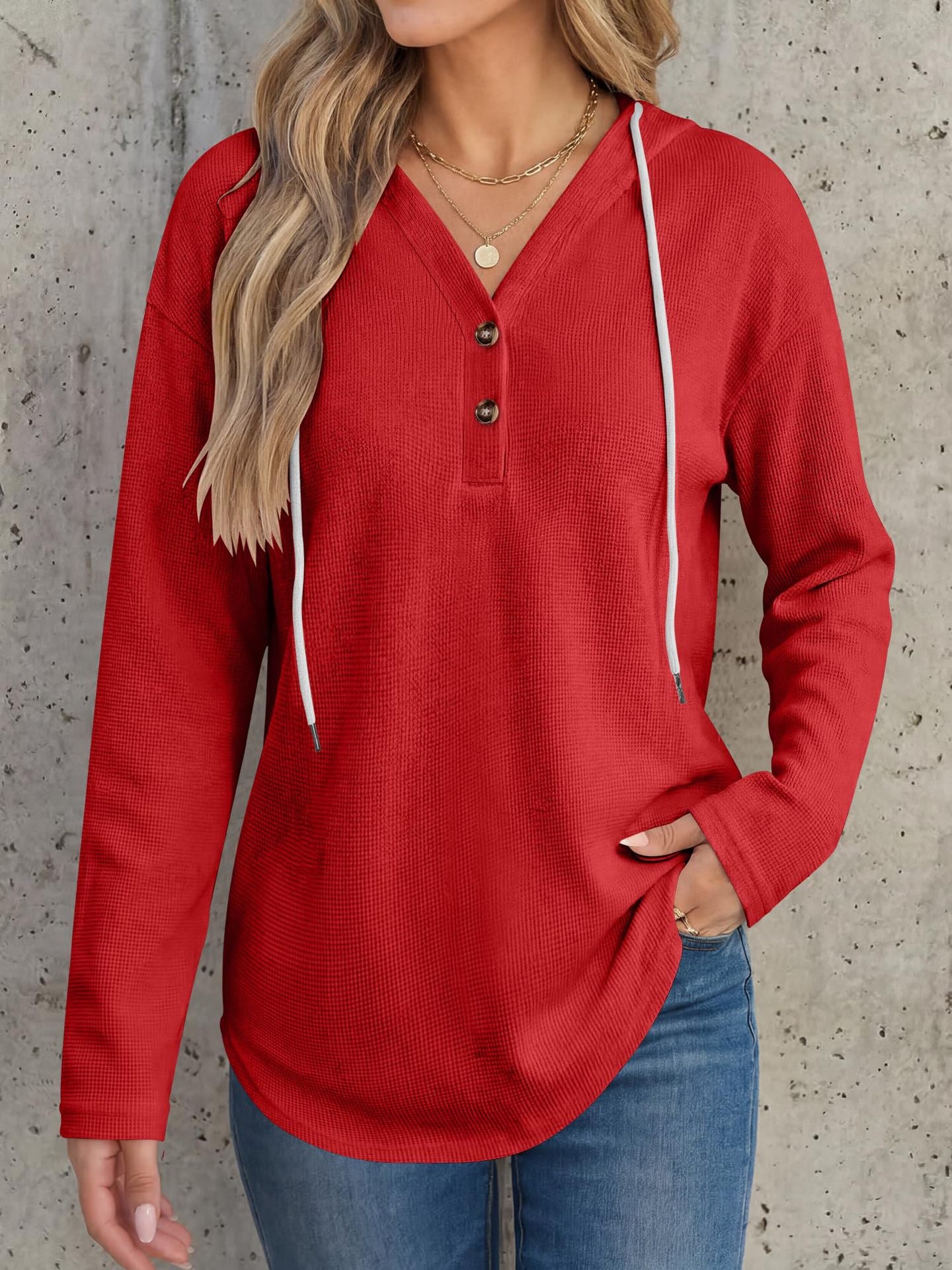 Waffle Knit Hoodie Henley Long Sleeve Casual Top