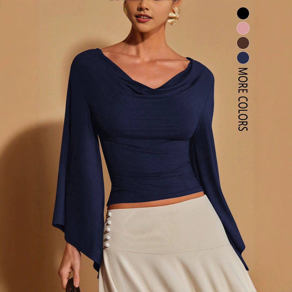Women's Cowl Neck Flare Sleeve Fitted Top