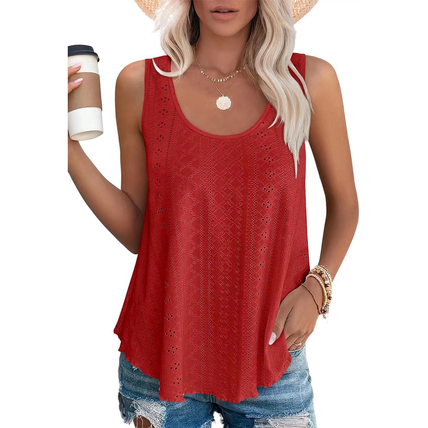 Eyelet Knit Tank Top Sleeveless Loose Fit Summer Top