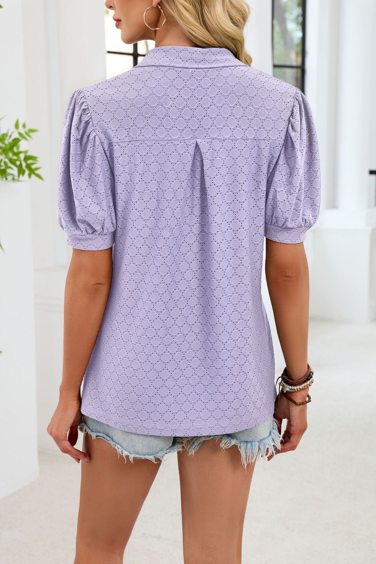 Eyelet V Neck Puff Sleeve Polo Blouse Casual Top