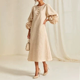 Women's Linen Midi Dress 3D Floral Cuff Button Front