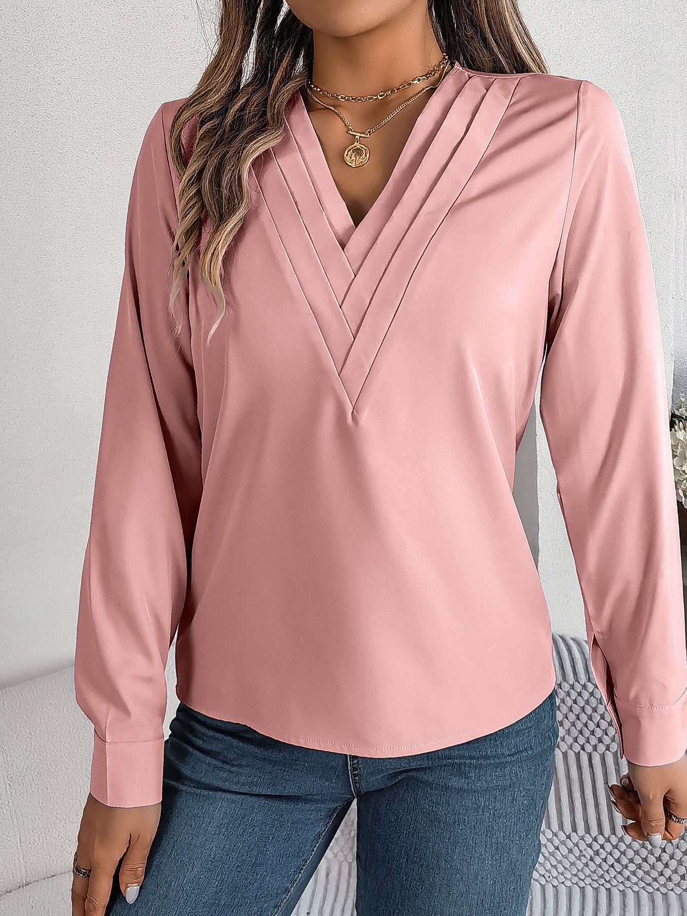 Elegant Layered V-Neck Long Sleeve Blouse – 2025 Fall/Winter