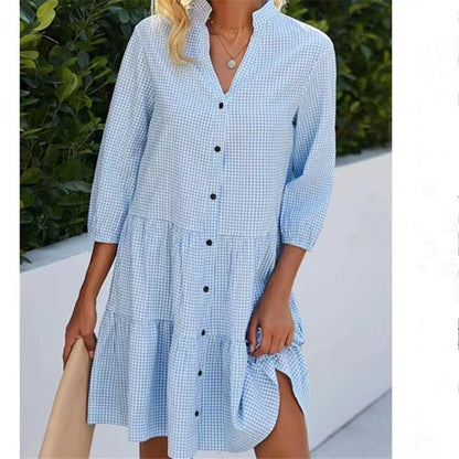 Women's Gingham Button Down Tiered Midi Dress