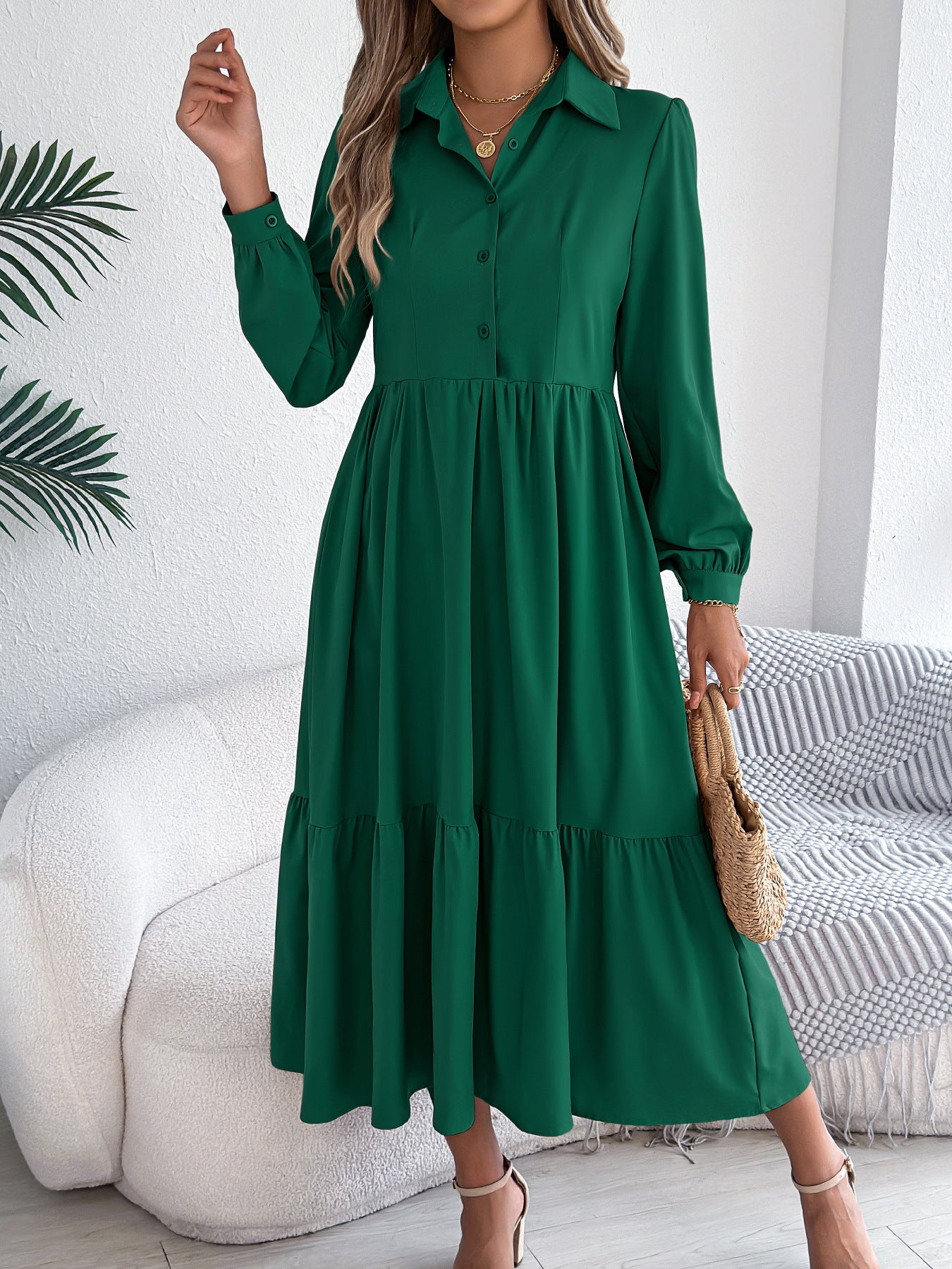 Collared Long Sleeve Tiered Shirt Dress