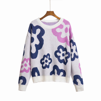 Oversized Floral Color Block Crewneck Sweater