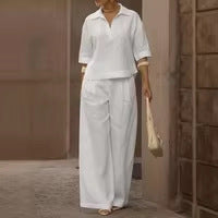 Women's Solid Matching Set Wide Leg Pants Collared Top