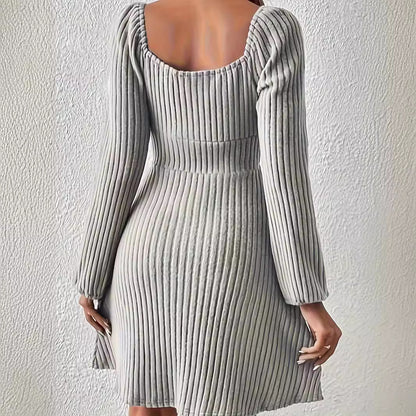Square Neck Tie Front Long Sleeve Ribbed Midi Dress