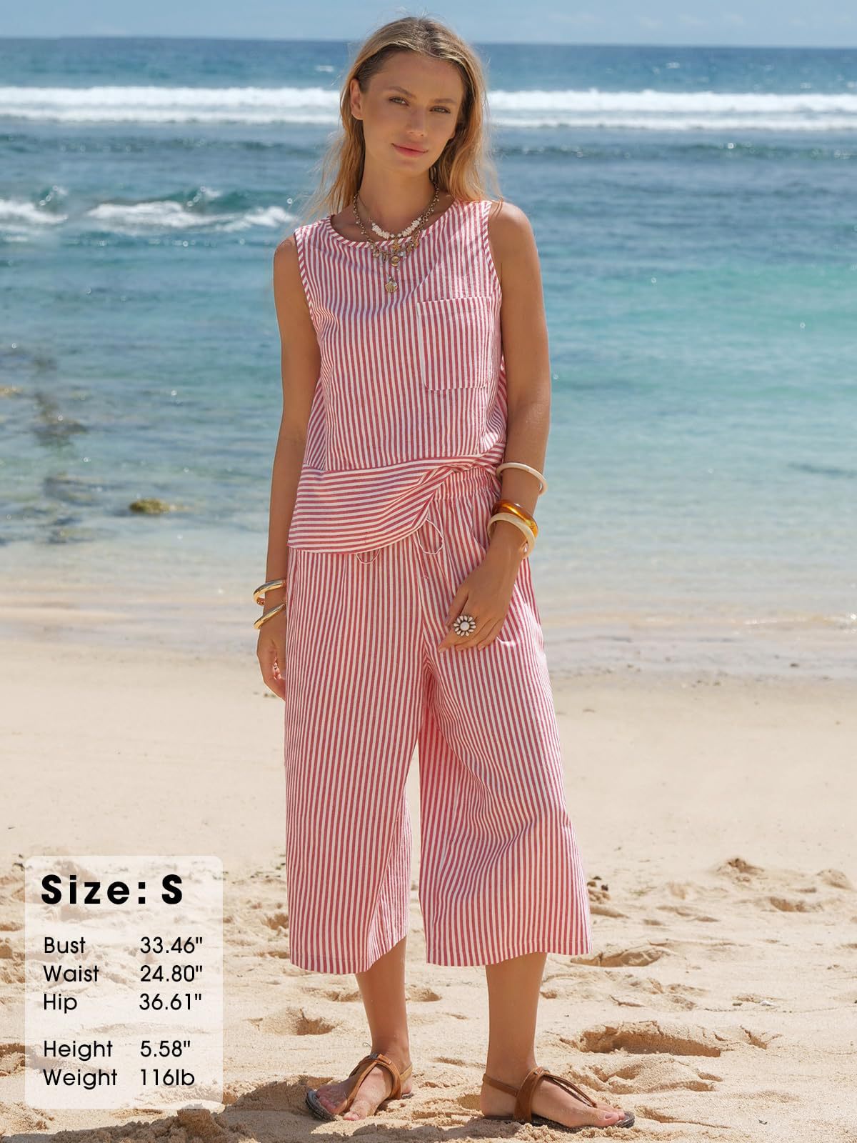 Striped Cotton Matching Set Sleeveless Top Capri Pants Casual