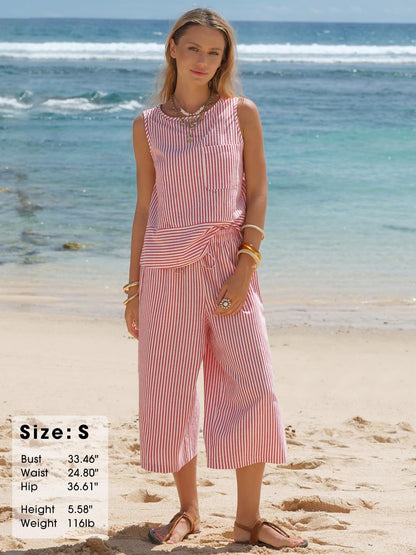 Striped Cotton Matching Set Sleeveless Top Capri Pants Casual