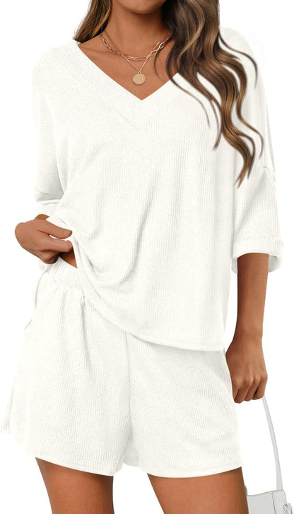 Ribbed V Neck Lounge Set Oversized Top Shorts Set