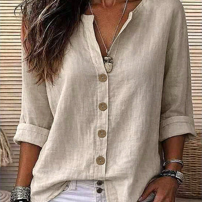 Women's V-Neck Button Front Relaxed Roll-Sleeve Blouse